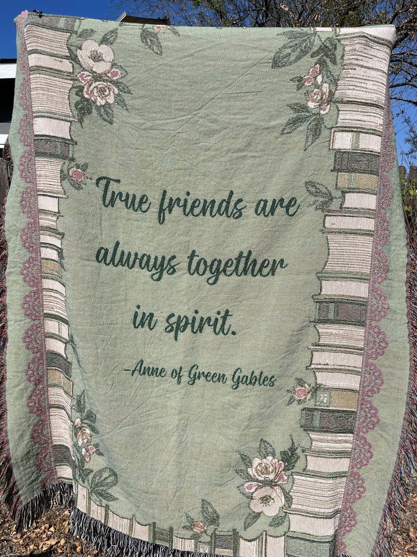 Sage Green Books and Flowers Personalized Blanket