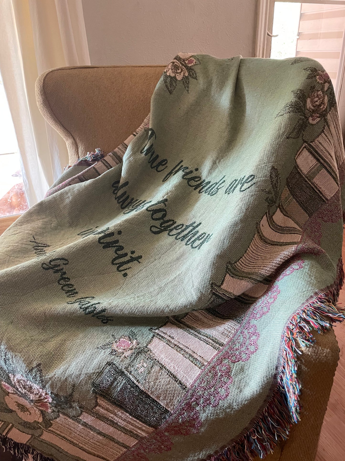 Sage Green Books and Flowers Personalized Blanket